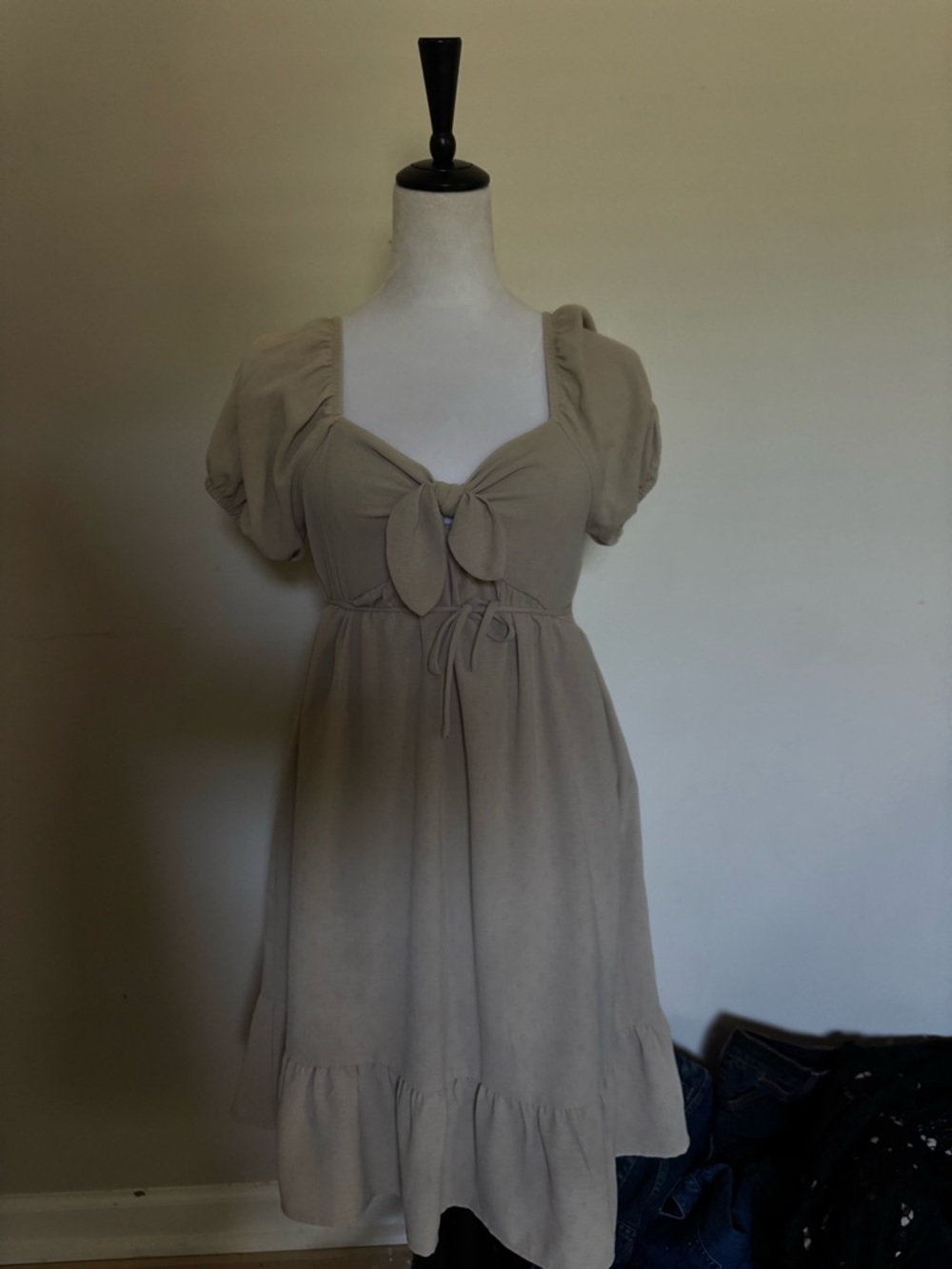 Speechless Tan Puff Sleeve Tie-Front Midi Dress – Boho Cottagecore
